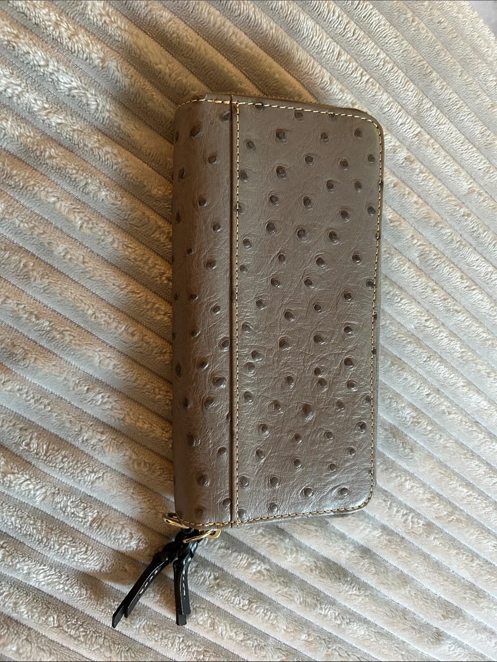 Dooney & Bourke Taupe Ostrich-Embossed Zip Phone Wallet with Wrist Strap